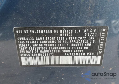 2021 Volkswagen Jetta 1.4T R-Line/1.4T S/1.4T Se z USA, uszkodzony, nr VIN 3VWC57BU6MM033172